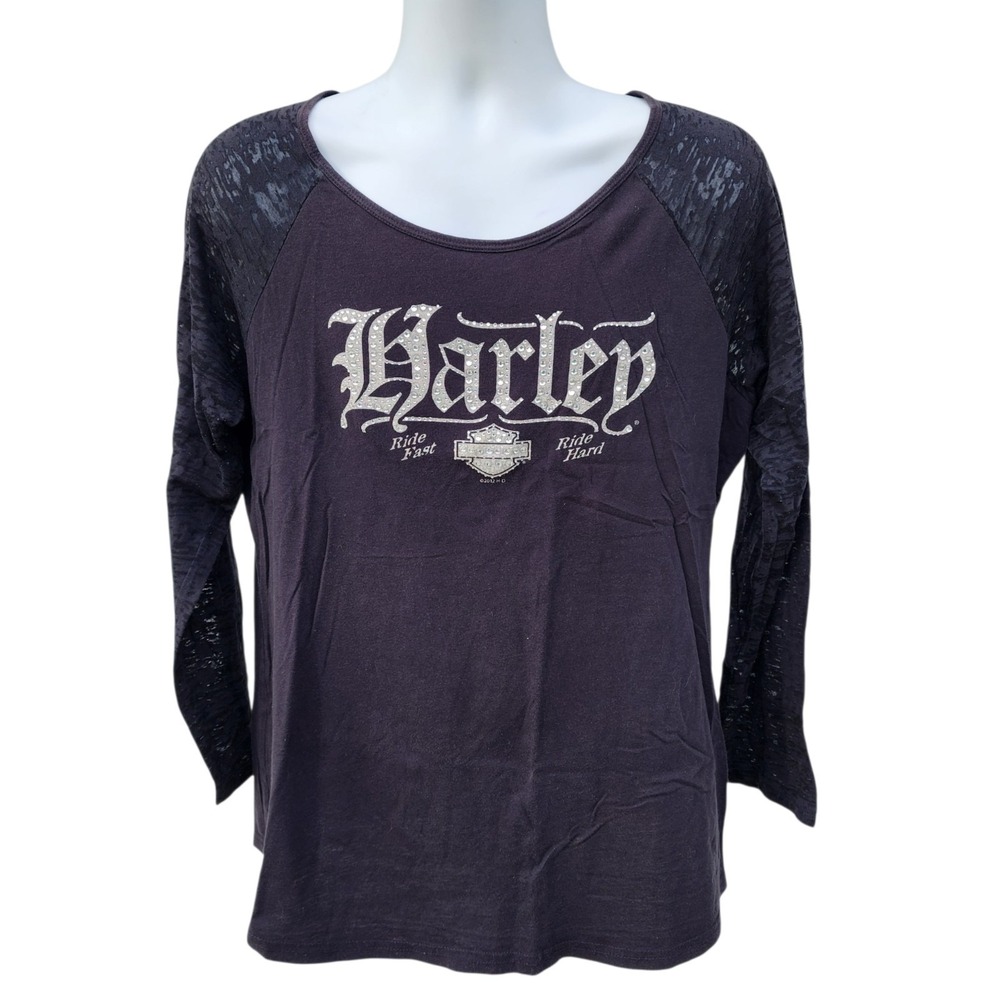 Harley-Davidson Womens XL Black Diamond Ride Hard Top Shirt Bling Graphic